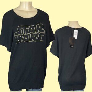 Star Wars L Logo Black Embroidered Text Crew Neck Short Raglan Sleeve Sweater